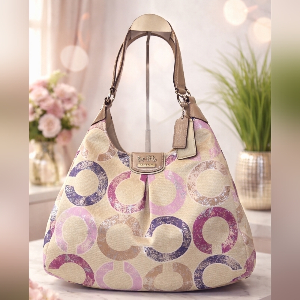 Coach Madison Rare Signature OP Art Purple Multi Metallic‎ Maggie Shoulder Bag